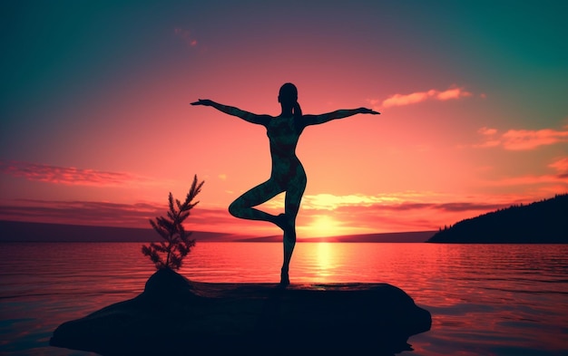 Una mujer haciendo yoga sobre una roca junto al agua.