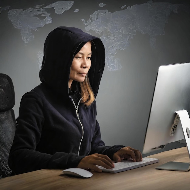 Una mujer hacker en una computadora portátil