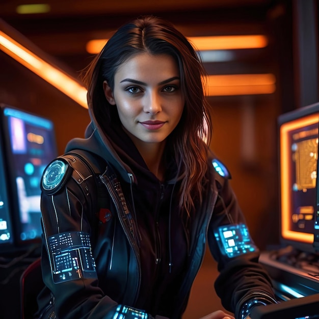 Una mujer hacker cyberpunk de ciencia ficción futurista analizando información con una pantalla de datos moderna
