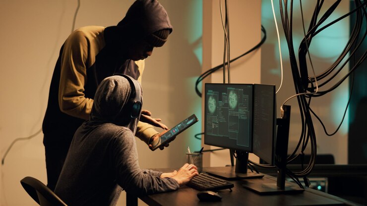 Foto mujer hacker usando su conocimiento de sistemas informáticos para acceder a información y robar contraseñas. cortafuegos de seguridad de ruptura criminal para espionaje, hacktivismo cryptojacking. disparo de mano.