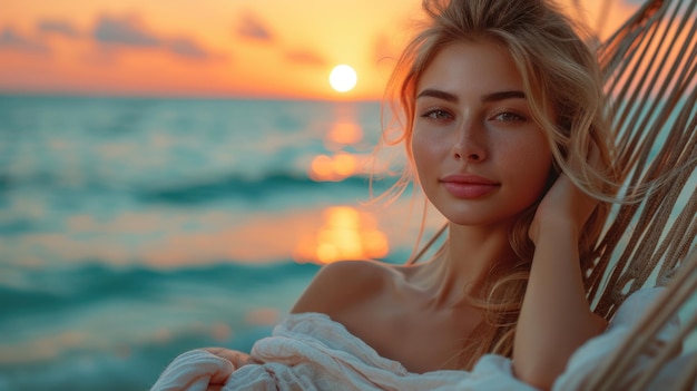 Mujer en hamaca durante la puesta de sol en la playa