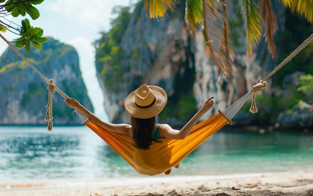 una mujer en una hamaca con un sombrero en la cabeza está sentada en una playa