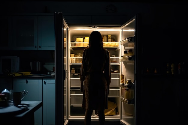 Mujer hambrienta buscando comida en la nevera por la noche IA generativa