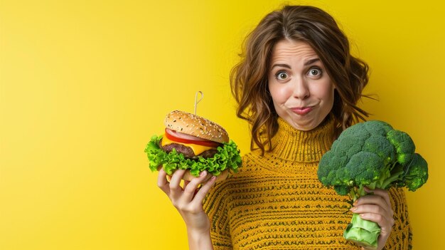 Mujer con hamburguesa y brócoli