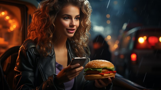 Foto mujer con una hamburguesa