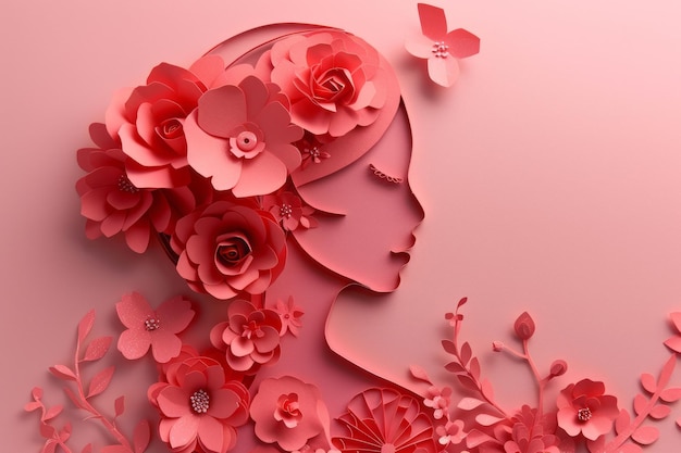 Una mujer hecha a mano con flores de papel en estilo papercut en un fondo rosa IA generativa