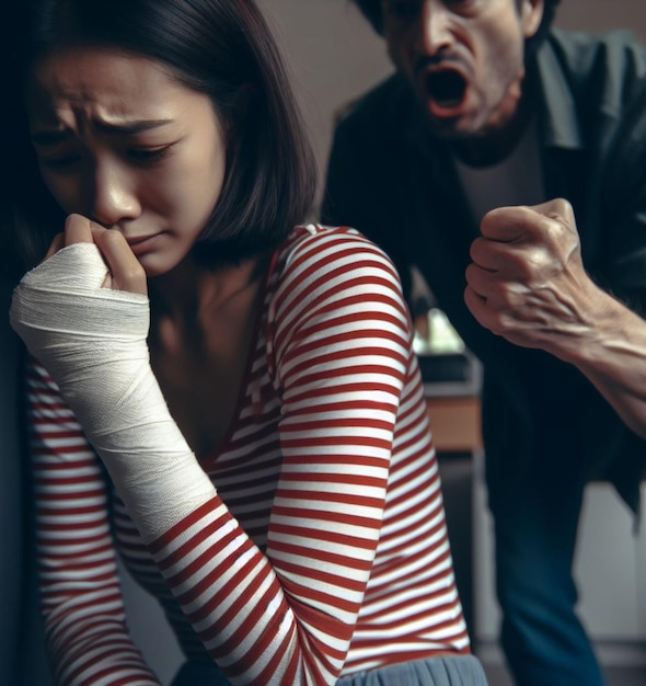 Foto mujer herida esconderse como fuera de control violento hombre gritar puñetazo abuso concepto de escena de violencia doméstica