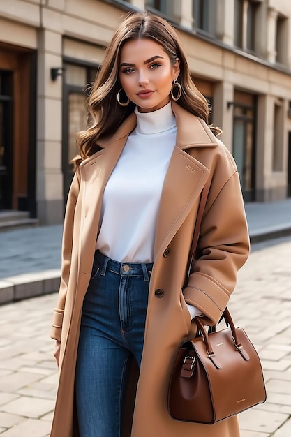 Mujer hermosa con abrigo de moda con bolsa marrón