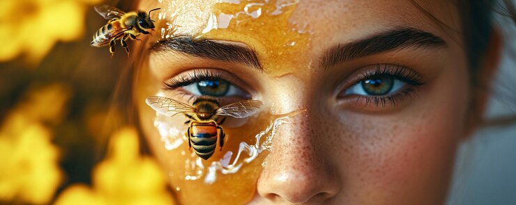 Mujer hermosa aplicando una máscara de miel con abejas en la cara