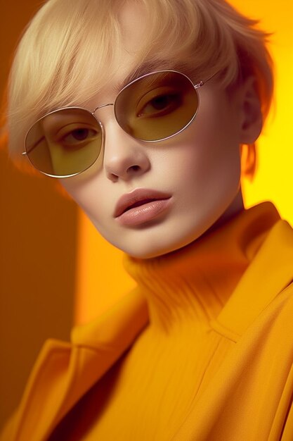 Una mujer hermosa con un aspecto de maquillaje audaz y gafas de sol de moda generadas por Ai