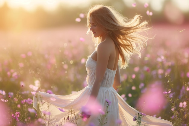 Una mujer hermosa baila en las flores de la primavera la naturaleza de la primavera