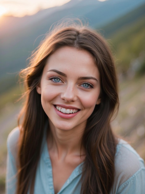 Mujer hermosa con cabello castaño recto ojos azules claros piel desigual apariencia distintiva no convencional y vulnerable