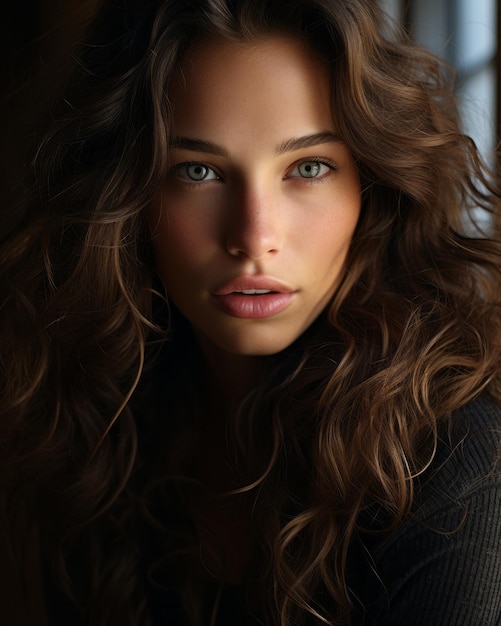 una mujer hermosa con cabello largo y ondulado y ojos verdes