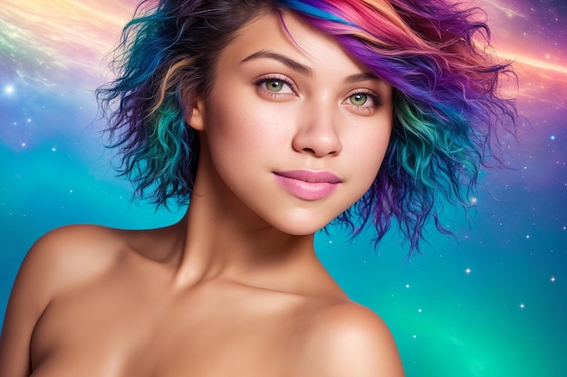 Una mujer hermosa con cabello multicolor mira a la cámara contra el telón de fondo de un cielo cósmico colorido con estrellas y planetas IA generativa