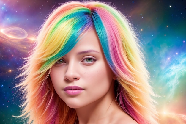 Una mujer hermosa con cabello multicolor mira a la cámara contra el telón de fondo de un cielo cósmico colorido con estrellas y planetas IA generativa