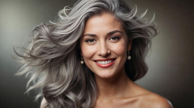 Mujer hermosa con el cabello plateado sonriendo