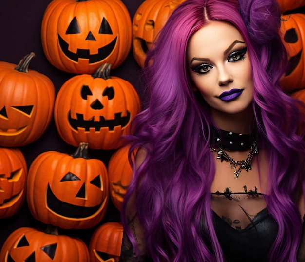 Mujer hermosa con cabello púrpura y calabaza de Halloween en fondo oscuro