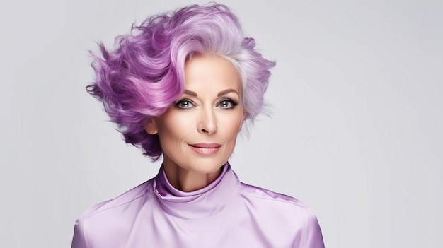Foto mujer hermosa con cabello púrpura sobre un fondo blanco