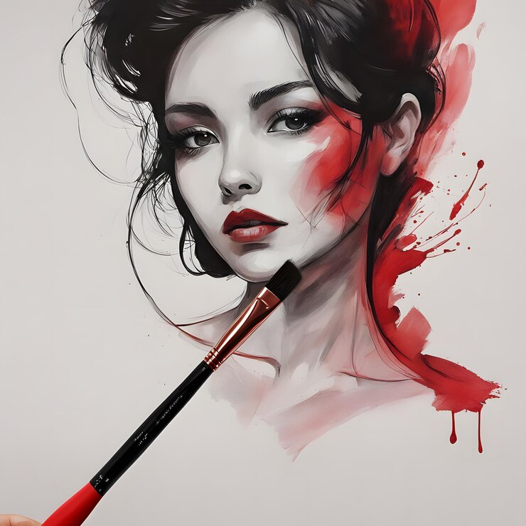 Mujer hermosa con cabello rojo y pincel de maquillaje Ilustración vectorial