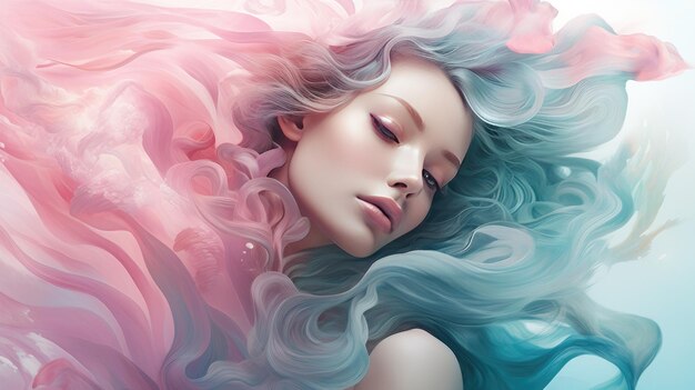 Mujer hermosa con cabello rosa suave sobre un fondo azul