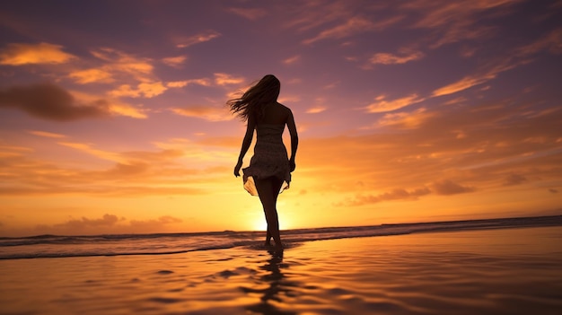 Mujer hermosa caminando en el agua en la playa