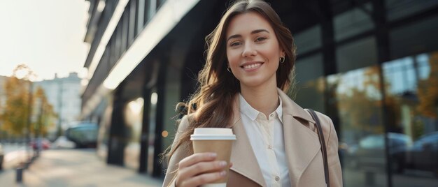 Una mujer hermosa caminando cerca del edificio de oficinas sosteniendo una taza de café mientras camina a trabajar en una calle de la ciudad de alta resolución