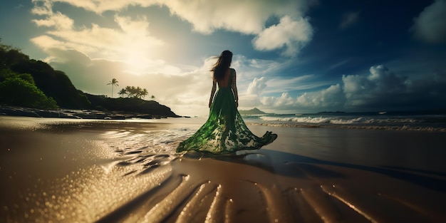 Mujer hermosa caminando por la playa tropical Generativo Ai