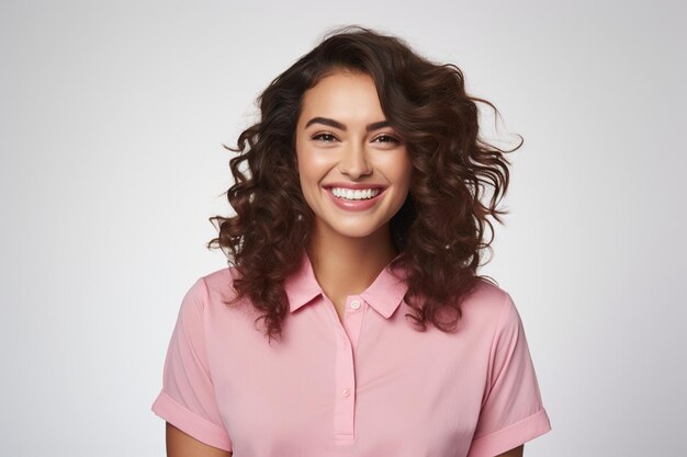 Mujer hermosa con una camisa rosa con una sonrisa feliz en un fondo blanco