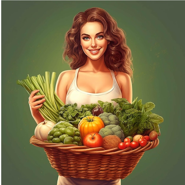 Mujer hermosa con una canasta de verduras frescas concepto de comida saludable