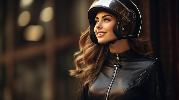 Una mujer hermosa con casco de motocicleta