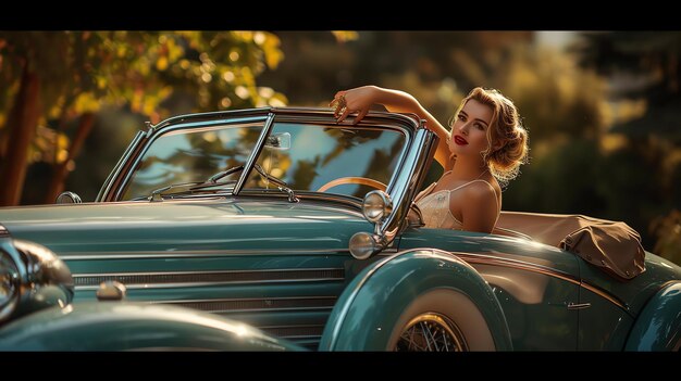 Foto una mujer hermosa en un coche de época ella lleva un vestido blanco y lápiz labial rojo cabello rubio razvevausiesa na vetru