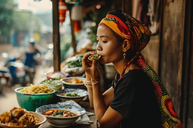 Una mujer hermosa comiendo deliciosa comida callejera al aire libre