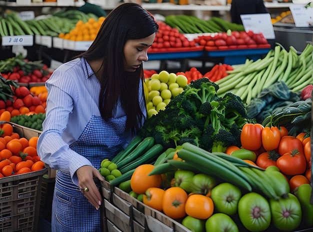 Una mujer hermosa comprando verduras frescas en un mercado de agricultores