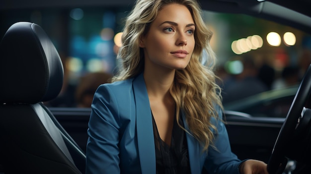 Una mujer hermosa conduciendo un coche.