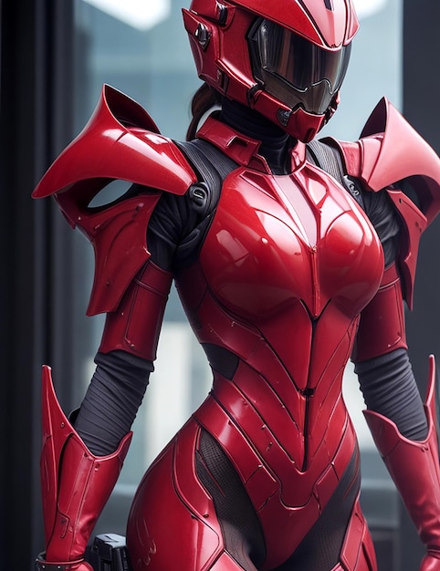 Mujer hermosa de cuerpo completo con un traje insectoide rojo sangre