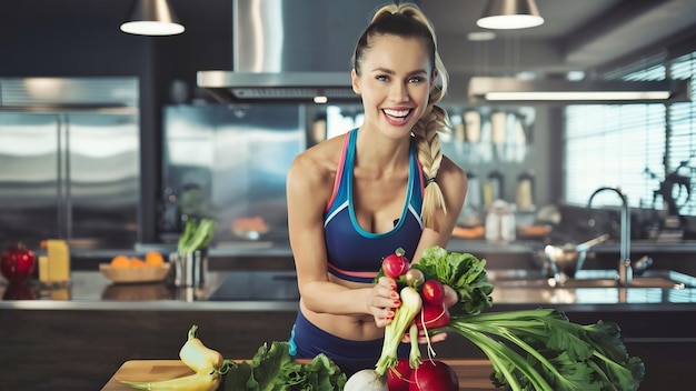 Mujer hermosa y deportiva en una cocina con verduras