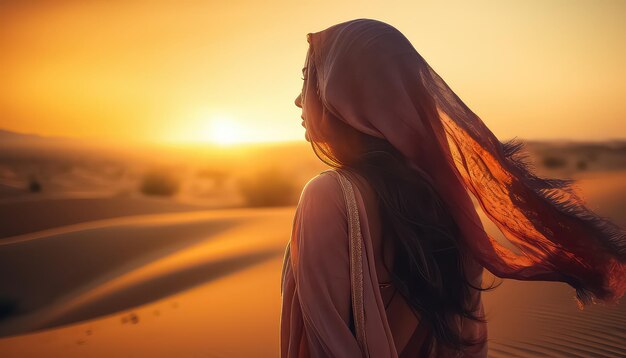Mujer hermosa en el desierto al atardecer concepto de Ramadán