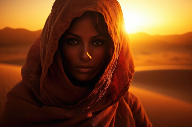 Mujer hermosa en el desierto al atardecer Moda de belleza Mujer árabe en el desierto al atardecer Viaje concepción AI Generado