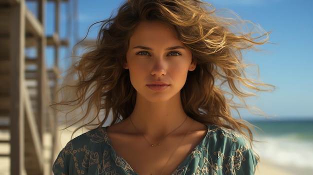 Mujer hermosa en un día soleado en la playa cara de cerca