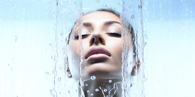 Foto mujer hermosa en una ducha fresca sobre un fondo blanco