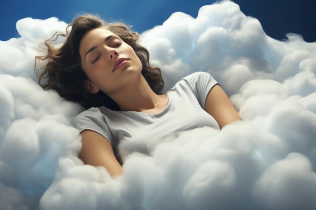 Foto mujer hermosa durmiendo en la nube concepto de sueños y descanso ia generativa