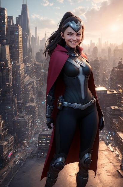 Una mujer hermosa es una superheroína contra el fondo de la ciudad al atardecer IA generativa