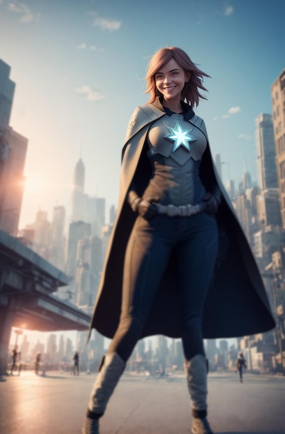 Una mujer hermosa es una superheroína contra el fondo de la ciudad al atardecer IA generativa