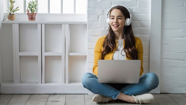 Foto mujer hermosa escuchando música o hablando usando auriculares y portátil mientras está sentada con las piernas