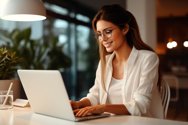 Una mujer hermosa está trabajando en una computadora portátil trabajo remoto generado por IA