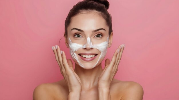 Mujer hermosa feliz aplica crema en su cara cosmetología belleza y spa