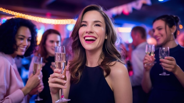 Una mujer hermosa y feliz disfrutando de una fiesta con un vaso de champán.