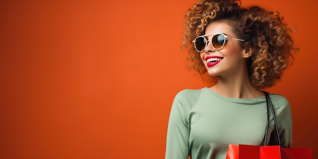 Mujer hermosa feliz sobre un fondo liso Tema de compras Foto de alta calidad IA generativa