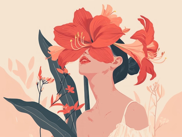 Foto mujer hermosa con una flor de lirio en el cabello ilustración de ia generativa