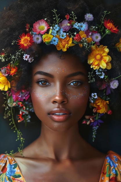 Una mujer hermosa con flores en el cabello